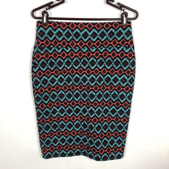 Lularoe Cassie Blue Black Orange Aztec Print Pencil Skirt - Picture 1 of 4